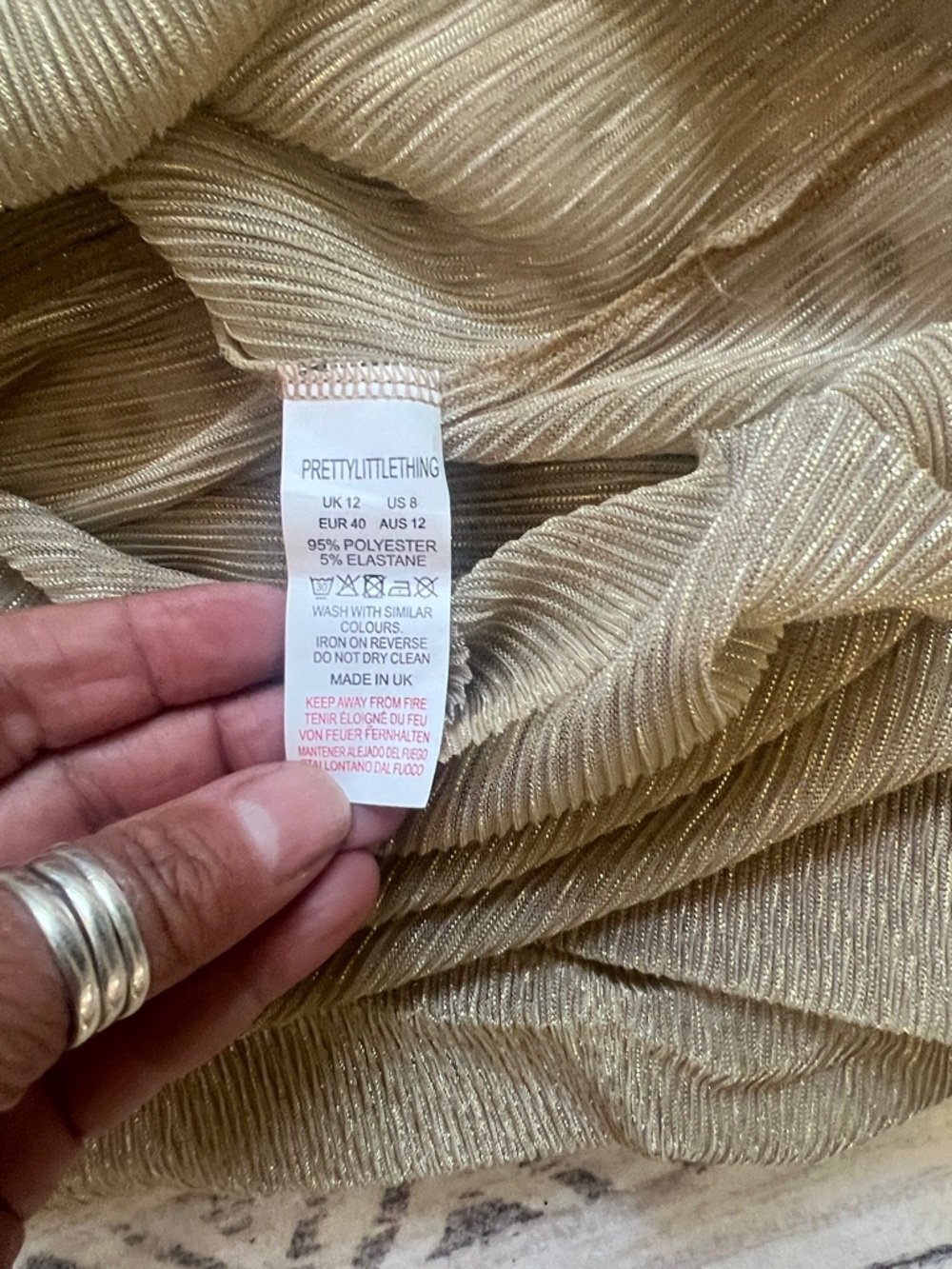 PrettyLittleThing Metallic Beige Twist-Front Long Sleeve Dress - Picture 7 of 8